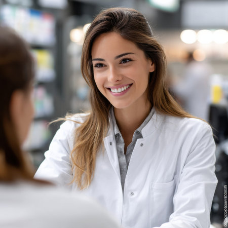 A woman in a white lab coat is smiling at a patient. The scene is set in a pharmacy, and the woman is a nurse. The patient is sitting in front of her, and they are having a conversationの素材
