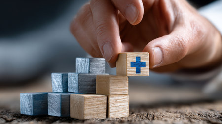A hand is holding a wooden block with a cross on it, and another block on top of itの素材