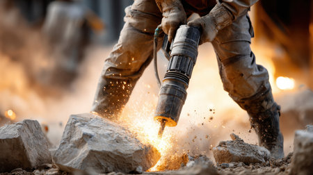 A man is using a jackhammer to break up a rock. The scene is intense and dangerous, as the man is in close proximity to the flying debris. Concept of power and strengthの素材