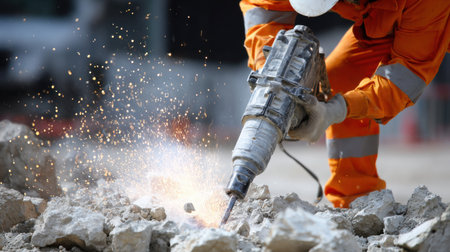 A man in an orange jumpsuit is using a jackhammer to break up rocks. The scene is intense and dangerous, as the man is working in a potentially hazardous environment. Concept of hard workの素材