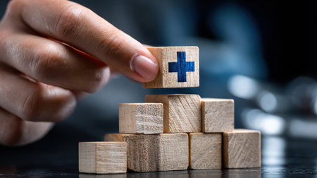 A hand is holding a wooden block with a cross on it, and it is on top of a stack of wooden blocksの素材