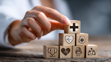 A person is stacking wooden blocks with a heart and a cross on top. The blocks are labeled with different medical symbols, such as a stethoscope and a hospitalの素材