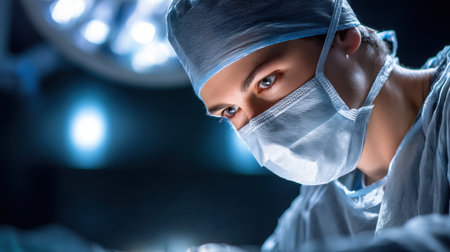 A woman in a blue surgical mask is looking at the camera. Concept of professionalism and focus, as the woman is likely a surgeon in a hospital settingの素材
