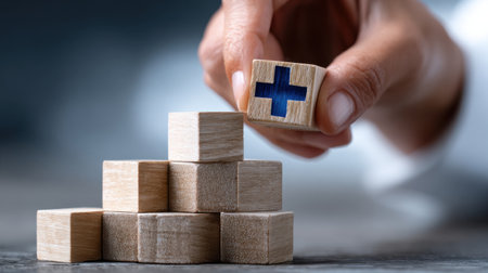 A hand is holding a wooden block with a blue cross on it. The blocks are stacked on top of each otherの素材