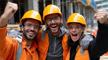 Three construction workers are smiling and high-fiving each other. They are all wearing orange safety gearの素材