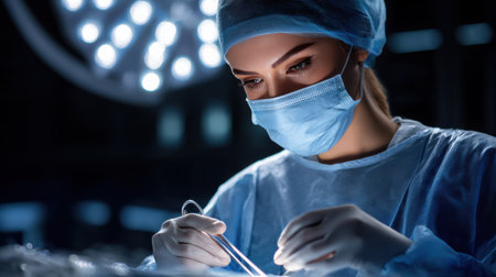 A woman in a blue surgical outfit is holding a pair of scissors. She is wearing a mask and a blue capの素材