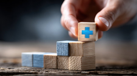 A hand is holding a wooden block with a blue cross on it. The block is on top of a stack of other wooden blocks. Concept of importance and significanceの素材
