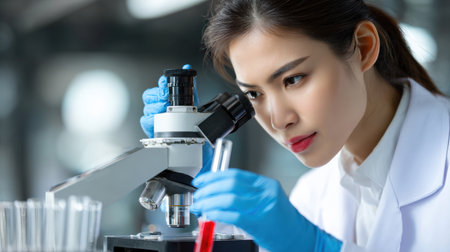 A woman in a lab coat is looking through a microscope at a slide. She is wearing blue gloves and has a serious expression on her faceの素材