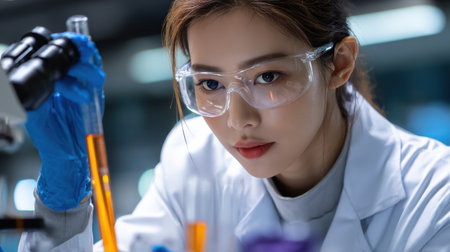 A woman wearing a lab coat and safety goggles is looking at a beaker of orange liquid. She is wearing gloves and she is focused on her workの素材