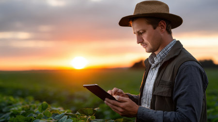 A man in a straw hat is looking at a tablet while standing in a field. The sun is setting in the background, creating a warm and peaceful atmosphereの素材