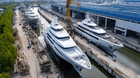 A large shipyard with several large ships in the water. The ships are being built and are in various stages of constructionの素材