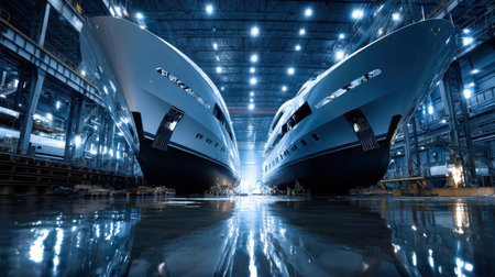 Two large boats are in a large building with lights on. The boats are in a large room with a lot of lightの素材