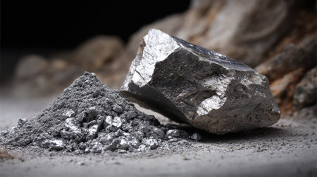 A rock and some silver powder are on a table. The rock is large and the powder is smallの素材