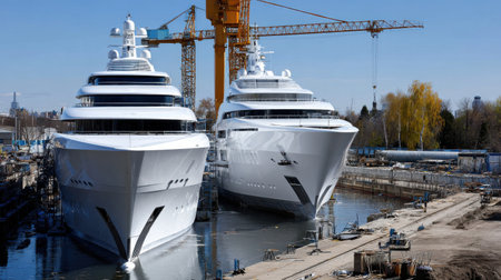 Two large white yachts are docked in a marina. The boats are being worked on by a craneの素材