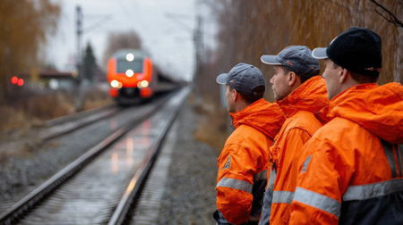 Three men in orange jackets stand on the side of a train track. They are wearing reflective vests and looking at the trainの素材