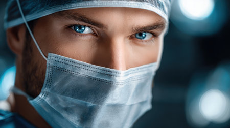 A man wearing a surgical mask and a white lab coat. He has blue eyes and a serious expressionの素材