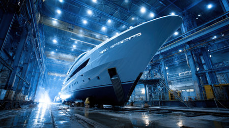 A large ship is being built in a large building. The ship is white and has a blue stripe. The building is lit up, giving the impression of a busy and active shipyardの素材