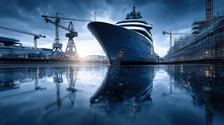 A large ship is docked in a harbor with a cloudy sky in the background. The ship is surrounded by cranes and other boats. Scene is calm and peaceful, with the ship being the main focusの素材