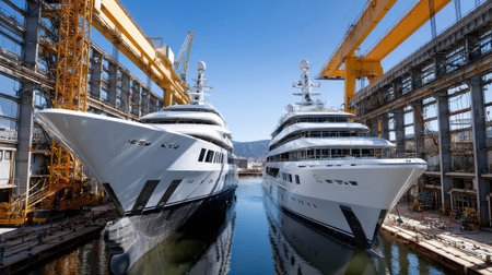 Two large white yachts are docked in a harbor. The boats are being built in a large shipyardの素材