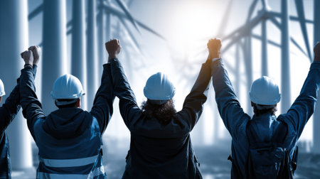 A group of workers are holding hands and wearing hard hats. They are celebrating a successful project. Scene is positive and celebratoryの素材