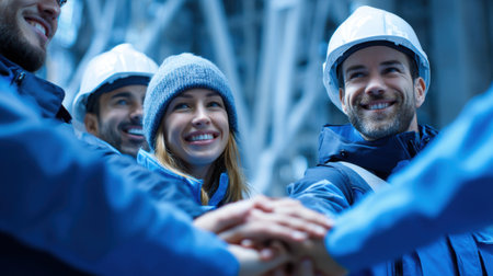 A group of construction workers are smiling and holding hands. Scene is positive and friendlyの素材