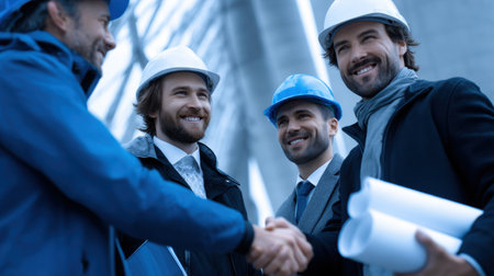 A group of construction workers shake hands and smile at the camera. Scene is friendly and professionalの素材