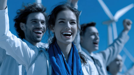 A group of people are smiling and celebrating, with one woman wearing a blue scarf. Scene is joyful and celebratoryの素材