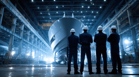 A group of men are standing in a large room, looking at a boat. Scene is serious and focused, as the men are likely discussing the boat's design or constructionの素材