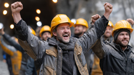 A group of construction workers are celebrating a job well done. They are all wearing hard hats and are smilingの素材