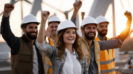 A group of construction workers are celebrating a job well done. The woman in the center is smiling and holding her hands up in the airの素材