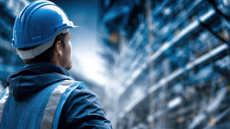 A man in a blue safety vest and helmet is looking up at a building. Concept of caution and responsibilityの素材