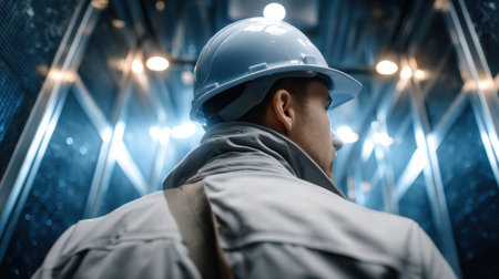 A man wearing a hard hat and safety vest is standing in a large, empty building. Scene is serious and focused, as the man is likely preparing for a task that requires safety precautionsの素材