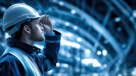 A man in a hard hat is looking up at the ceiling. Concept of focus and determination, as the man is likely working on a construction project or inspecting a buildingの素材