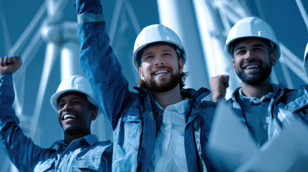 Three construction workers are smiling and holding up their arms in the air. They are wearing hard hats and blue jacketsの素材