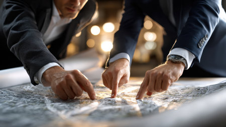 Two men are pointing at a map, one of them is wearing a watch. Scene is serious and focused, as the two men are likely discussing important information on the mapの素材