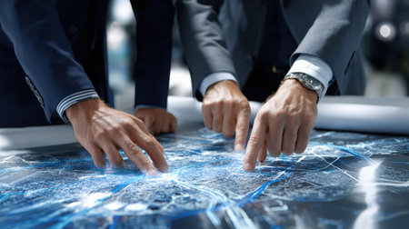 Two men are pointing at a map on a table. They are both wearing suits and appear to be discussing something importantの素材