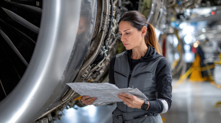 A woman is looking at a piece of paper while standing in front of an airplane engine. She is focused on the paper, possibly studying or analyzing itの素材
