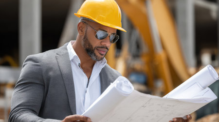 A man wearing a yellow hard hat and sunglasses is looking at a blueprint. He is wearing a gray suit and he is focused on the plansの素材
