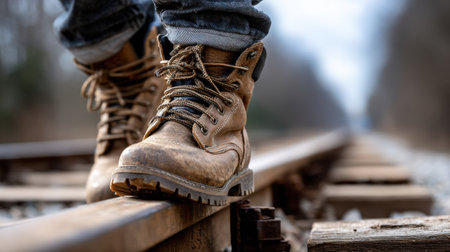 A person is standing on a railroad track with their feet on the rails. Concept of adventure and risk-taking, as the person is walking on the tracks, which is not a common or safe activityの素材