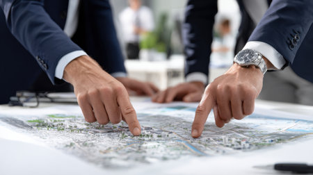 Two men are pointing at a map, one of them wearing a watch. Scene is professional and focused, as the two men are likely discussing a business or project related to the mapの素材