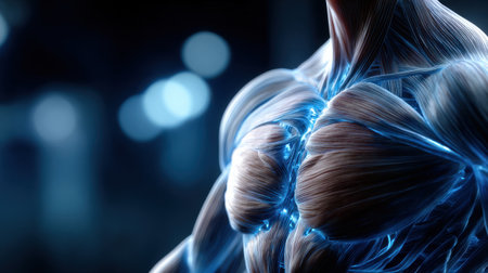 A close up of a man's chest and arms with a blue glow. Concept of strength and power, as the muscles are highlighted in a vibrant and dynamic way. The blue color adds a sense of energyの素材