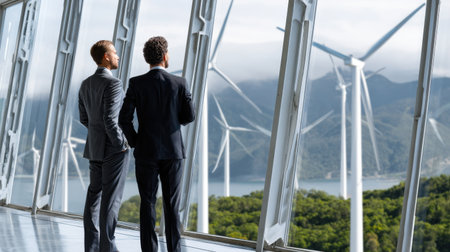 Two men in suits looking out a window at a wind farm. Scene is one of awe and admiration for the impressive technologyの素材