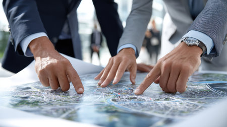 Two men pointing at a map, one of them wearing a watch. Scene is focused and serious, as the two men are likely discussing important information on the mapの素材