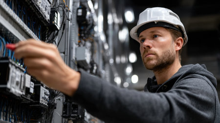 A man in a white hat and safety glasses is working on a power box. He is focused on his task and he is in a serious moodの素材