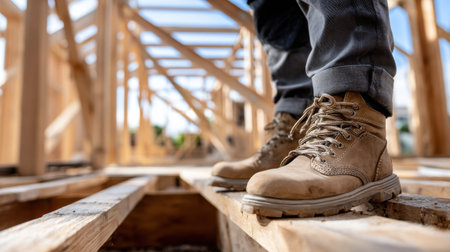 A man is standing on a wooden platform with his feet on a wooden beam. He is wearing a pair of brown work bootsの素材