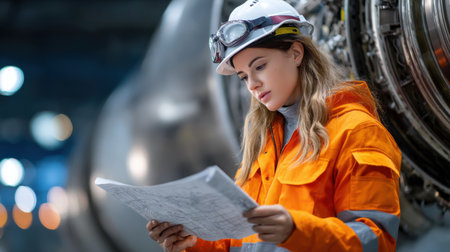 A woman in an orange safety jacket is reading a paper. She is wearing a hard hat and safety glassesの素材