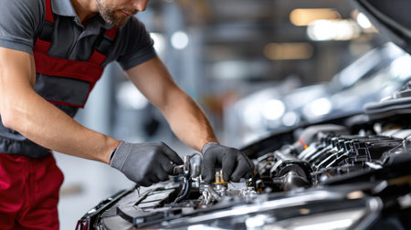 A man is working on a car engine. He is wearing a red shirt and a grey vestの素材