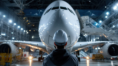 A man in a hard hat stands in front of a large airplane. Concept of awe and admiration for the engineering and design of the aircraftの素材