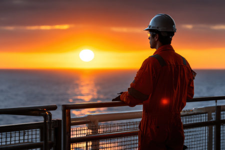 A man in an orange jumpsuit stands on a railing overlooking the ocean. The sun is setting, casting a warm glow over the scene. The man is looking out over the water, taking in the beauty of the sunsetの素材