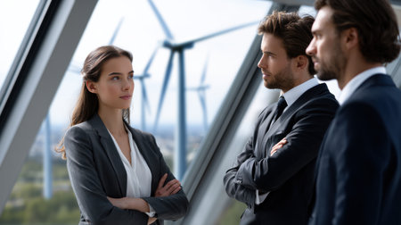 Three men and a woman are standing in a glass room, all wearing suits. The woman is looking at the other two men, and they are all looking at her. Scene is professional and seriousの素材